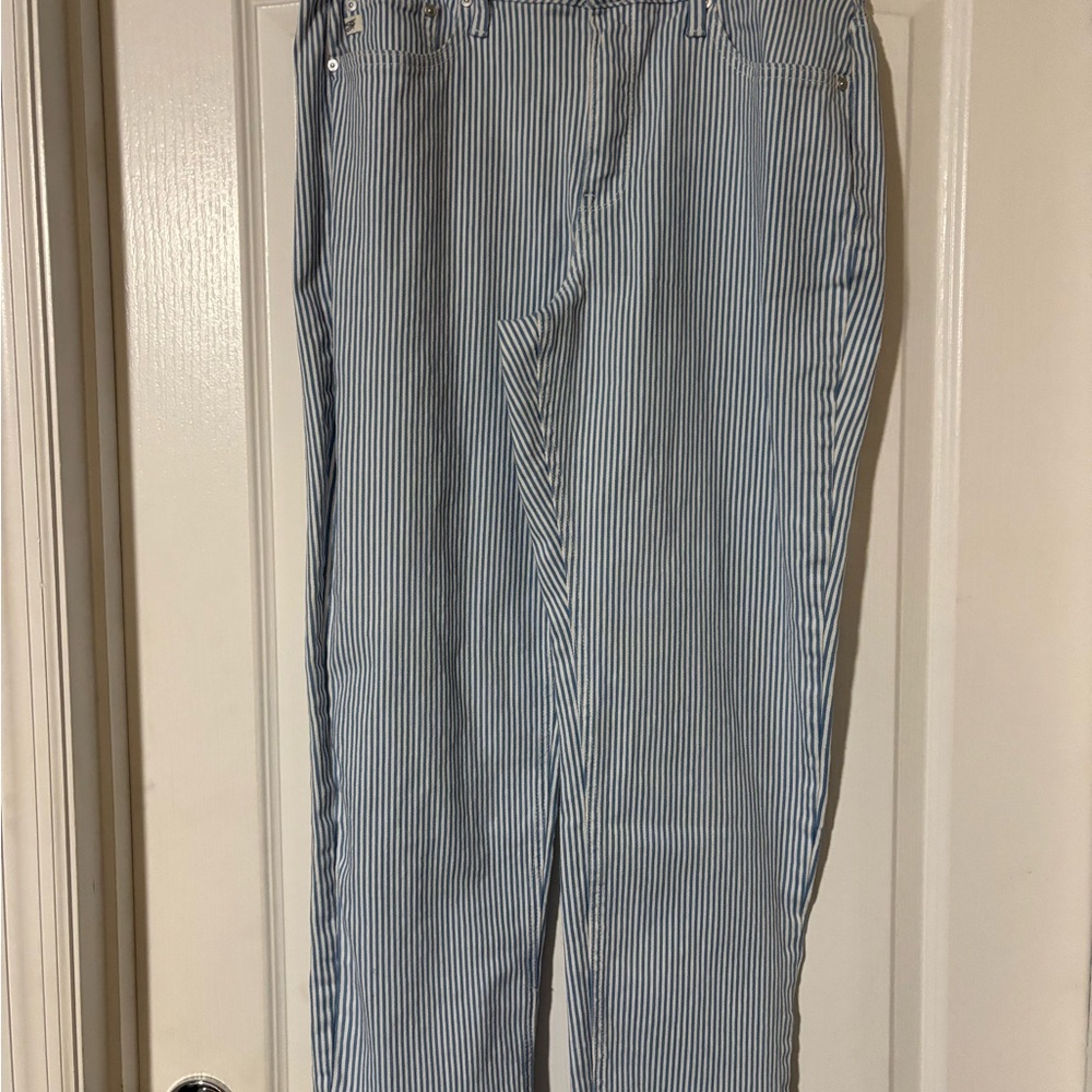 Seven7 Women's Blue and White Striped Straight Leg Jeans